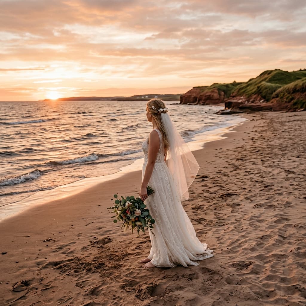 Bride standing on a Prince Edward Island beach at sunset