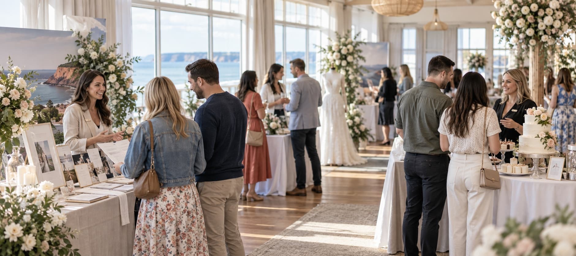 Couples meeting local wedding vendors at an elegant coastal wedding show